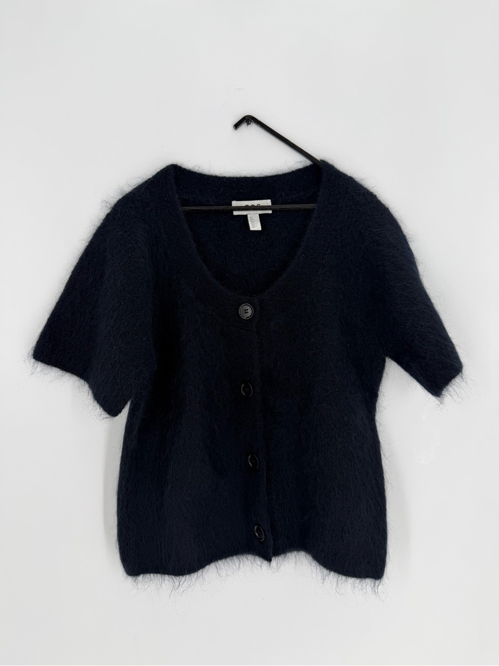 Cos Short Sleeve Mohair Blend Fuzzy Button Front Black Cardigan - Picture 2 of 6